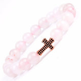 Stone Elastic Bracelet Micro Pave Cross Charm Women Men Rose Quartz Beads