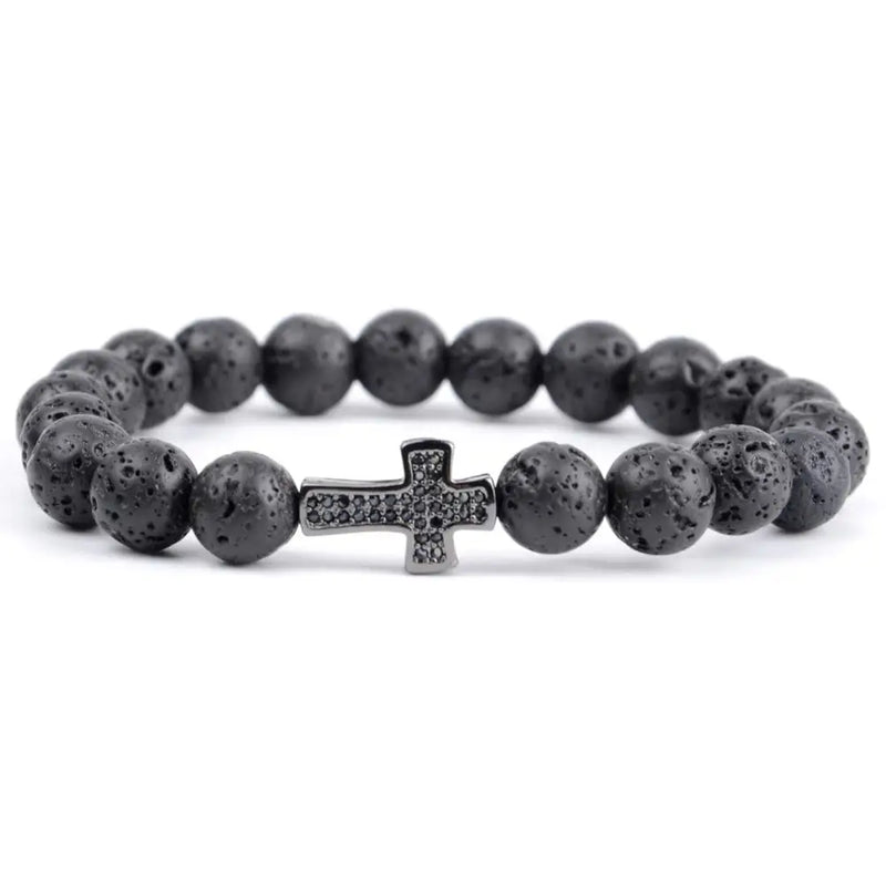 Stone Elastic Bracelet Micro Pave Cross Charm Women Men Rose Quartz Beads