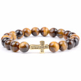 Stone Elastic Bracelet Micro Pave Cross Charm Women Men Rose Quartz Beads