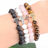 Stone Elastic Bracelet Micro Pave Cross Charm Women Men Rose Quartz Beads