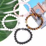 Stone Elastic Bracelet Micro Pave Cross Charm Women Men Rose Quartz Beads