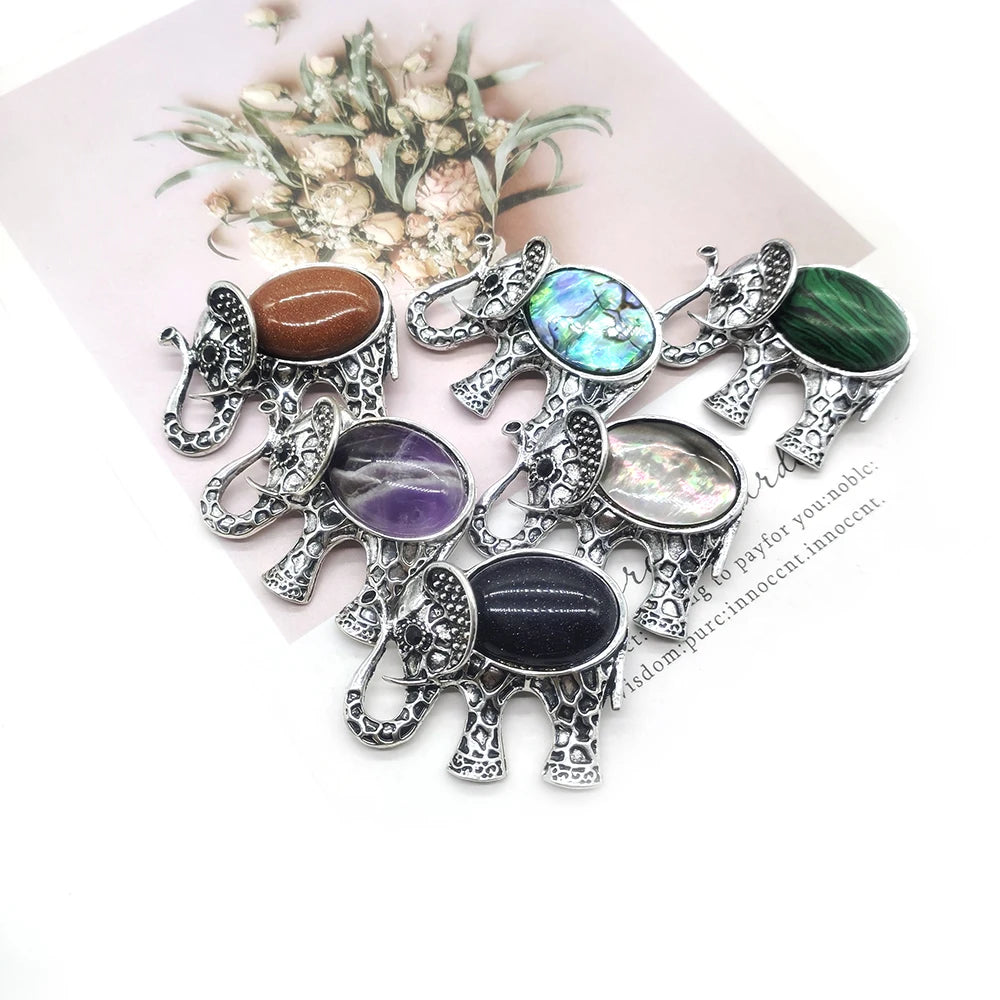 Natural Stone Elephant Vintage Animal Brooch Pendant