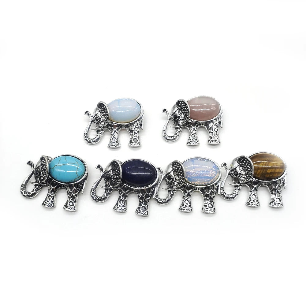 Natural Stone Elephant Vintage Animal Brooch Pendant