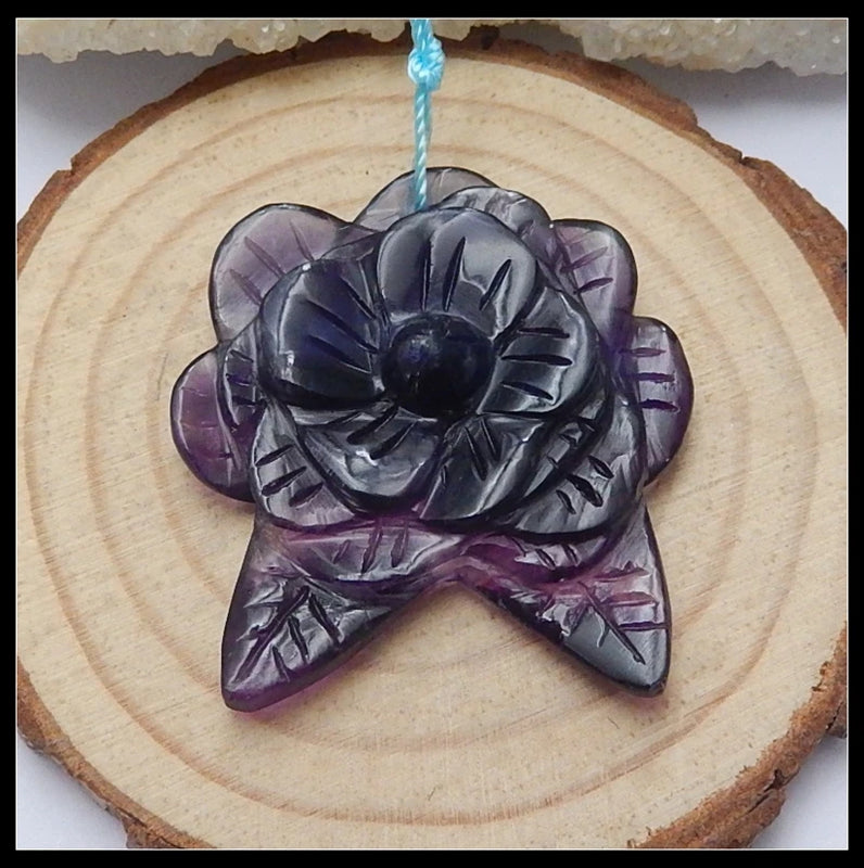 Natural Stone Flourite Carved Flower Necklace Pendant 39x35x9mm