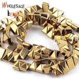 Natural Stone Plated Double Hole Pyramid Hematite Spacer Beads