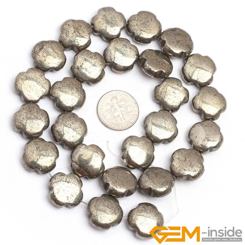 Gray Irony Pyrite Flower Coin Bead Strand 15 Inch