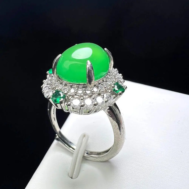 Green Agate Finger Ring Charm Ring Adjustable Zircon Stone Ring for Women