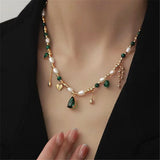 Green Malachite Beads Pearl Tassel Necklace Zircon Pendant Charm