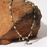 Green Malachite Beads Pearl Tassel Necklace Zircon Pendant Charm