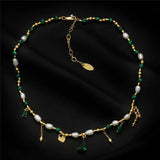 Green Malachite Beads Pearl Tassel Necklace Zircon Pendant Charm
