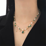 Green Malachite Beads Pearl Tassel Necklace Zircon Pendant Charm