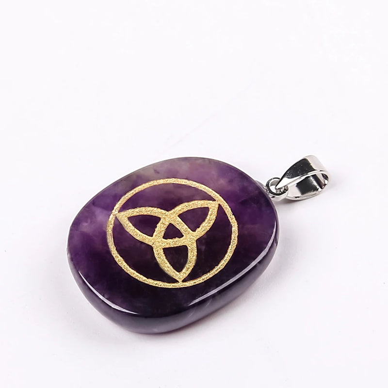 Natural Stone Carve Clover Triquetra Geometric Pattern Pendant Necklace
