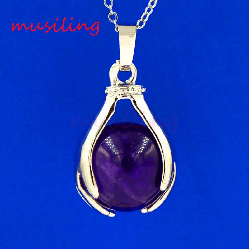 Natural Stone Hands Ball Bead Pendants Pendulum Silver Plated Charms Amulet