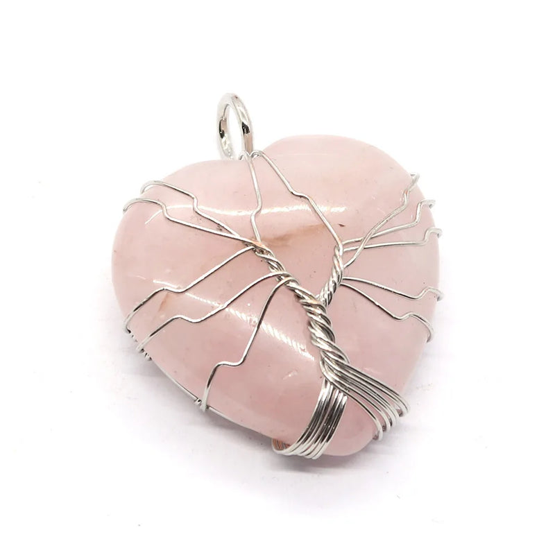 Natural Stone Heart Quartz Crystal Agate Lapis Lazuli Pendant Tree of Life