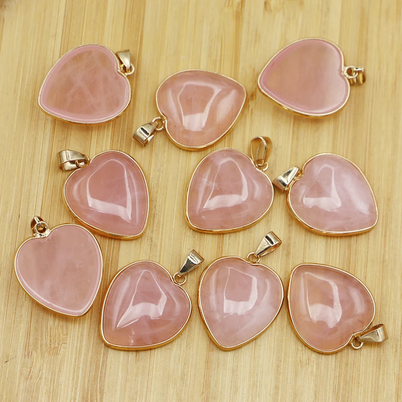 Rose Quartz Heart Pendants Necklace Making Charms 10Pcs