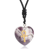 Amethyst Stone Heart Ankh Cross Charm Necklace Reiki Crystal Jewelry
