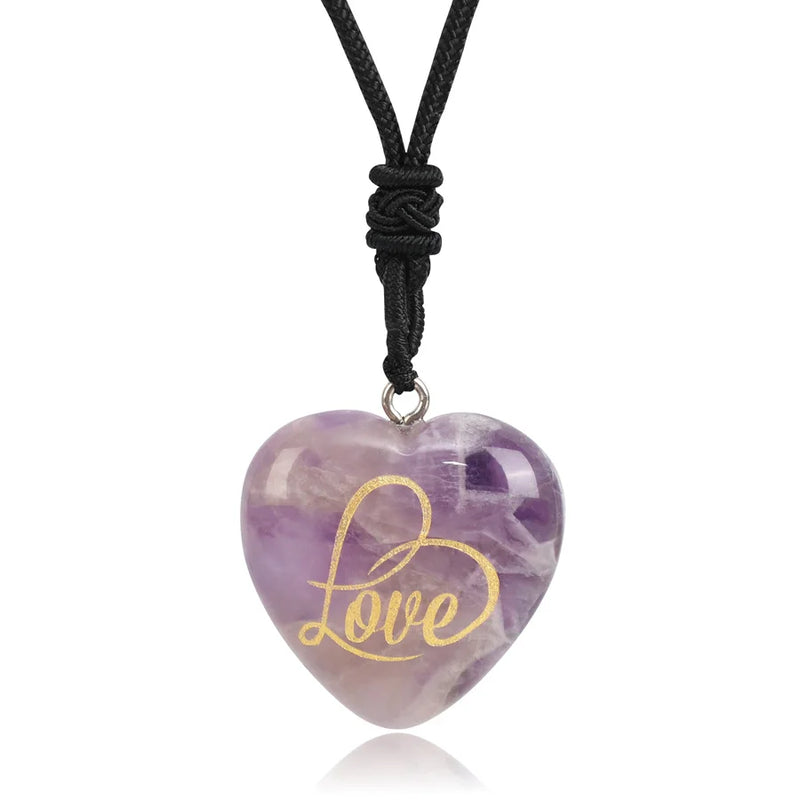 Natural Stone Heart Pendant Engrave Love Romantic Reiki Healing Crystal Amethyst