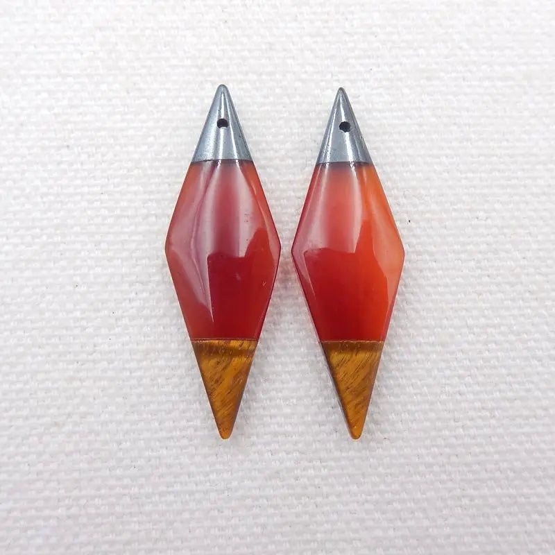 Natural Stone Earrings: Hematite, Red Agate, Tiger-Eye Bead 36x12x5mm