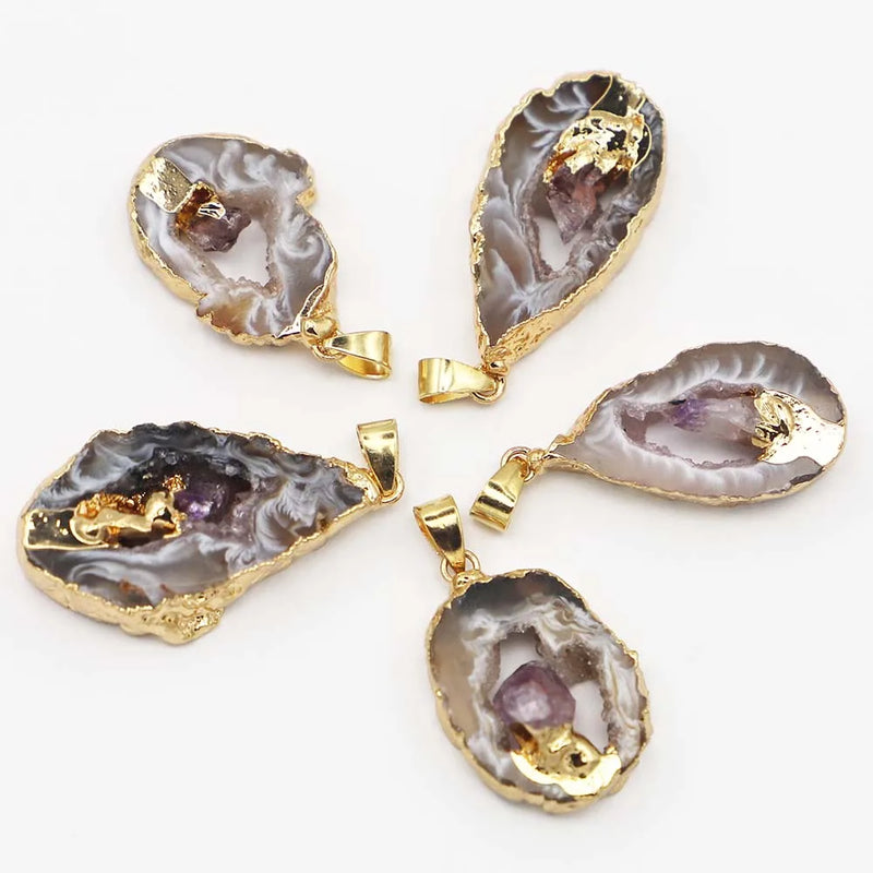 Grey Agate Necklace Druzy Amethysts Pendants Reiki Charms DIY Jewelry