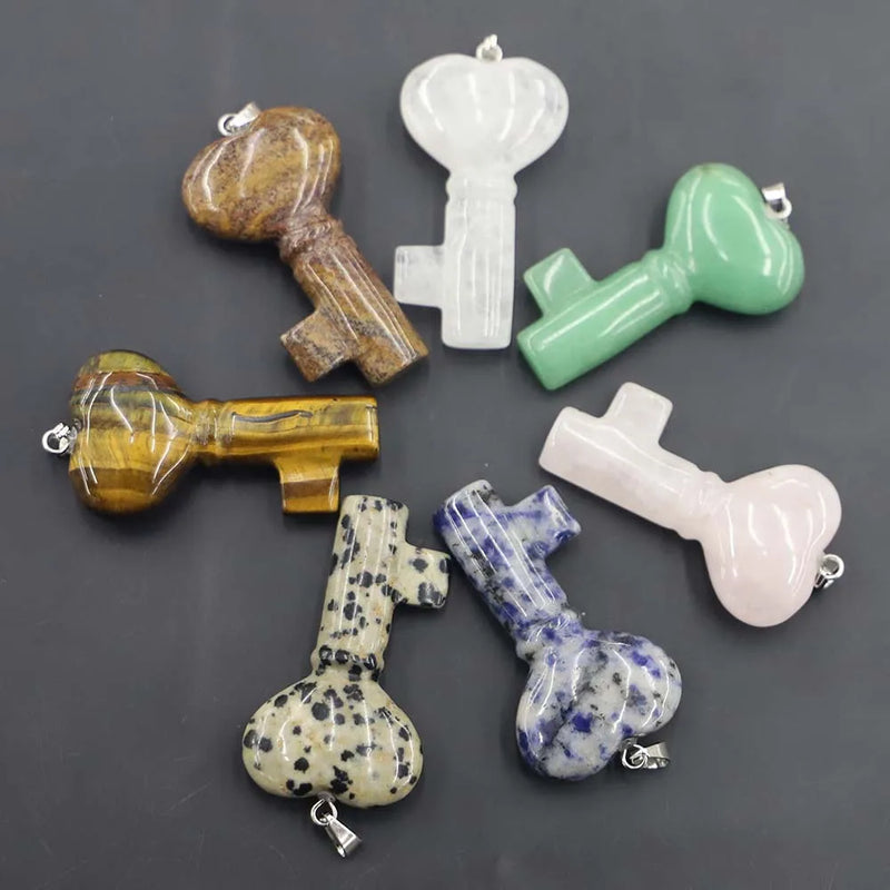 Key Shape Natural Stone Necklaces Pendants Charms 4Pcs