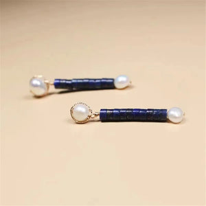 Lapis Lazuli Beaded Earrings Freshwater Pearl Fine Jewelry Romantic Girl