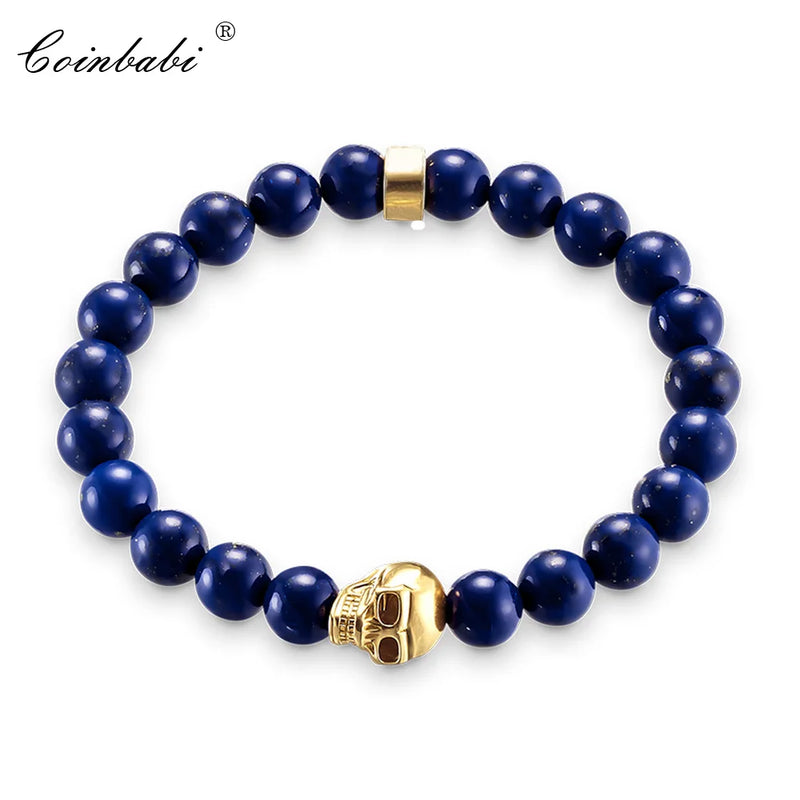 Lapis Lazuli Stone Beads Strand 8MM Skull Gold-color Bracelet