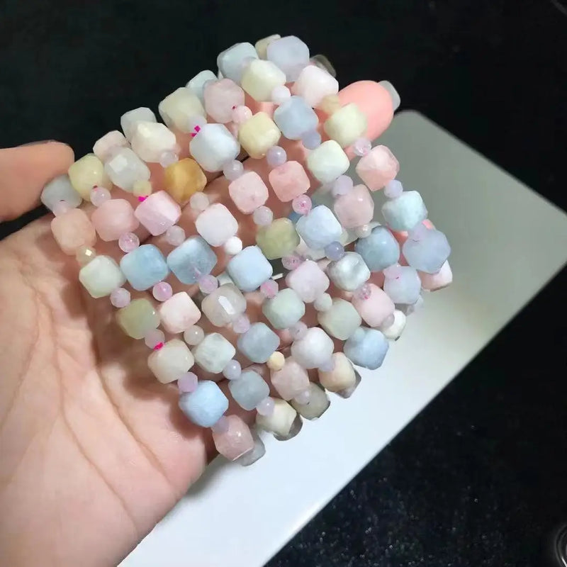 Natural Stone Morganite Square Beads Bracelet for Men Women