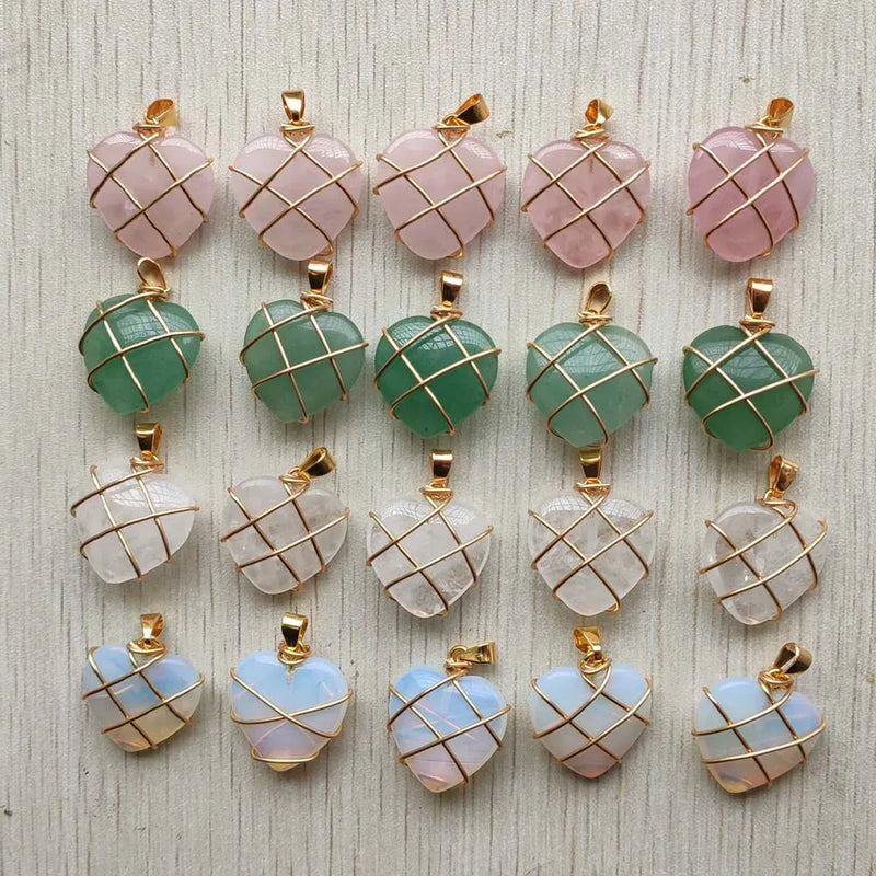 Natural Stone Copper Wire Wrap Heart Pendants 20mm 12pcs