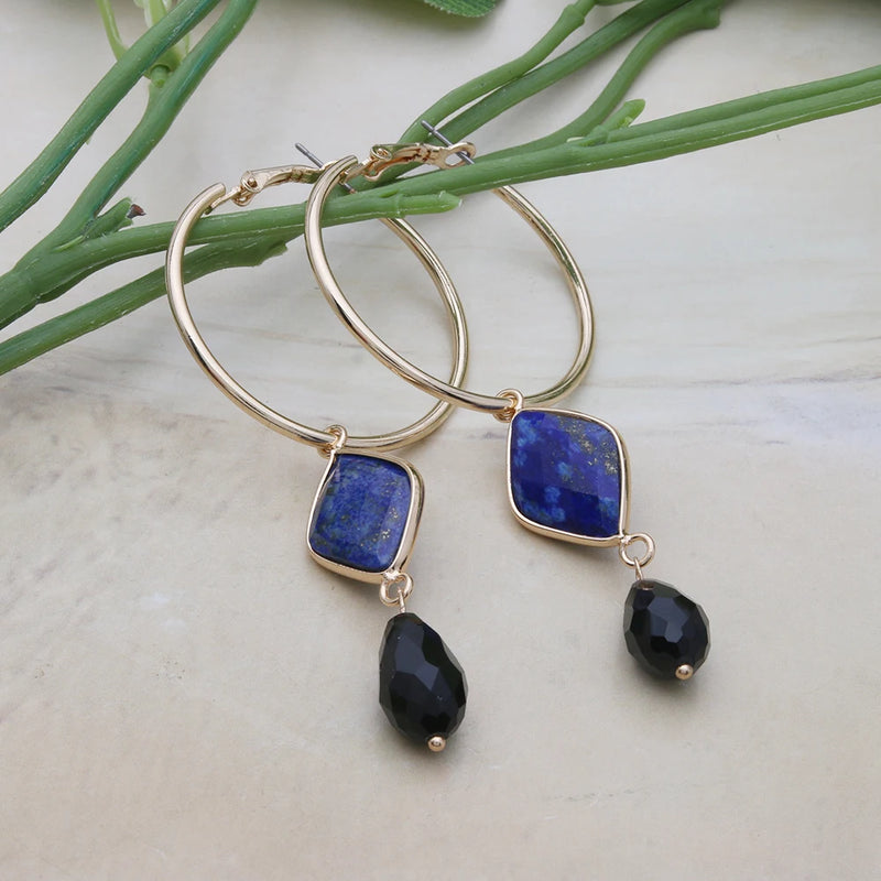 Natural Stone Pendant Earrings Woman Charms Dangle Hoop Ring Brinco Oorbellen