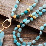 Bohemian Amazonite Stone Pendant Lariat Necklace