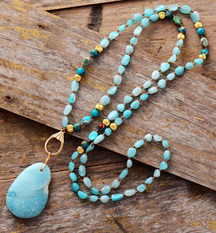 Bohemian Amazonite Stone Pendant Lariat Necklace
