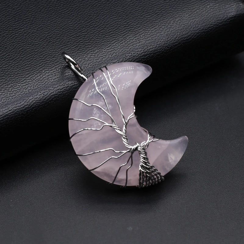 Natural Stone Pendant Moon Shape Wire Wrap Lapis Lazuli Tiger Eye Opal Charms