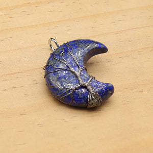 Natural Stone Pendant Moon Shape Wire Wrap Lapis Lazuli Tiger Eye Opal Charms