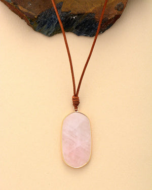 Natural Stone Rose Quartz Pendant Necklace Adjustable Leather Unique Jewelry