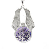 Natural Stone Pendant Reiki Women Angel Wings Hexagonal Round Flower of Life Nec