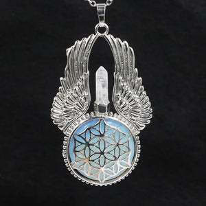 Natural Stone Pendant Reiki Women Angel Wings Hexagonal Round Flower of Life Nec