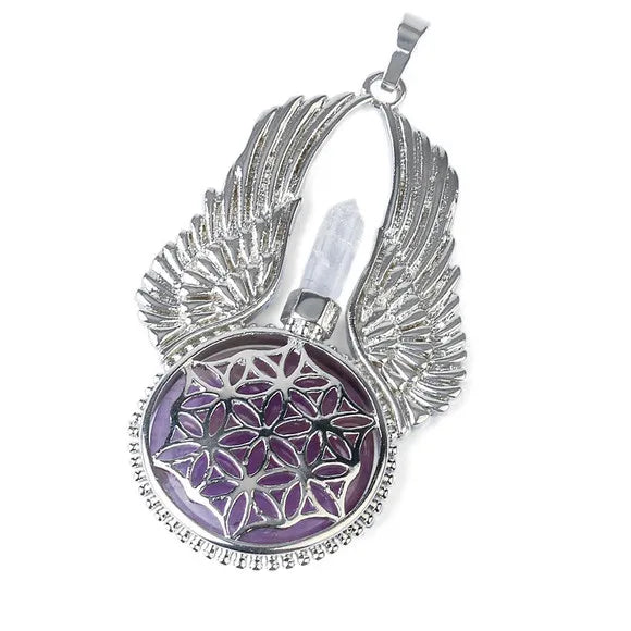 Natural Stone Pendant Reiki Women Angel Wings Hexagonal Round Flower of Life Nec