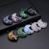 Natural Stone Moon Shape Pendant Healing Agate Tree Pattern Necklace