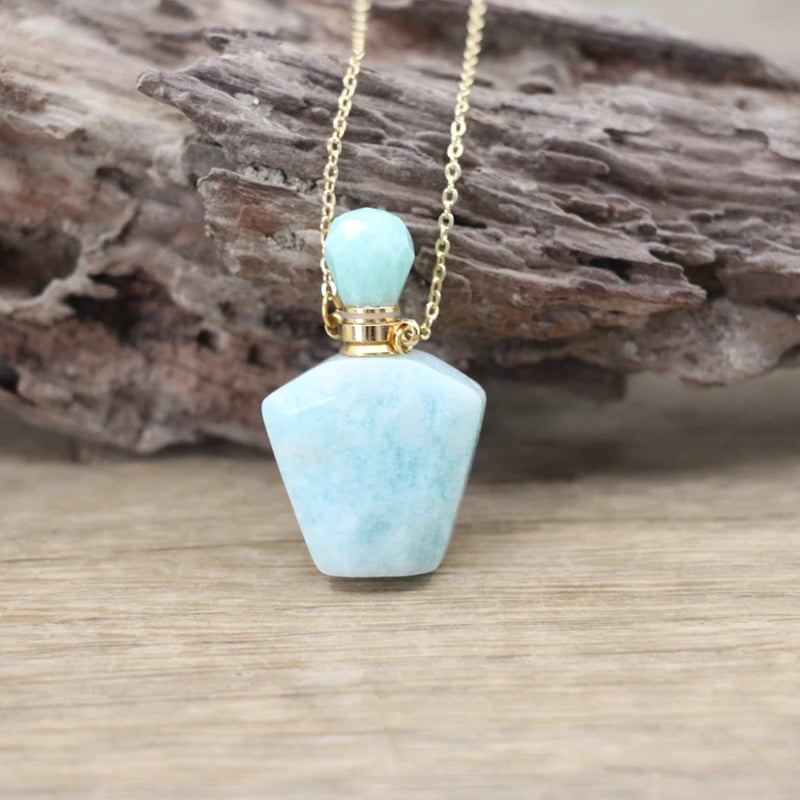Natural Stone Perfume Bottle Pendant Chain Crystal Jade Labradorite Charm