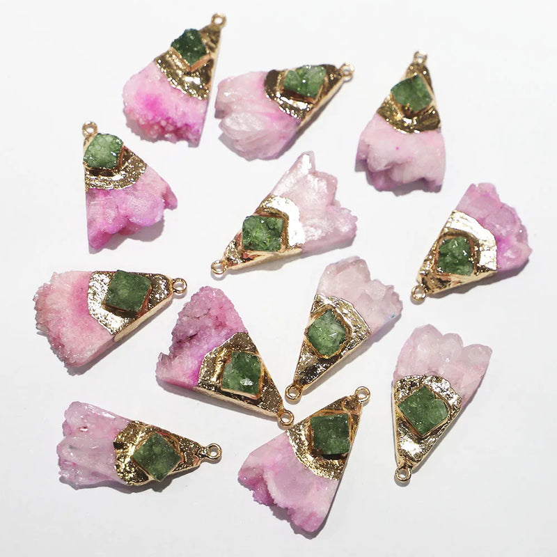 Natural Stone Pink Agate Bruzy Plated Scalloped Necklace Pendant 6Pcs