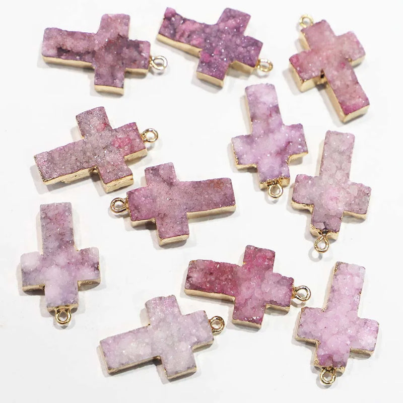 Pink Agates Druzy Cross Necklace Pendants Unisex Charms DIY Jewelry