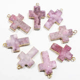 Pink Agates Druzy Cross Necklace Pendants Unisex Charms DIY Jewelry