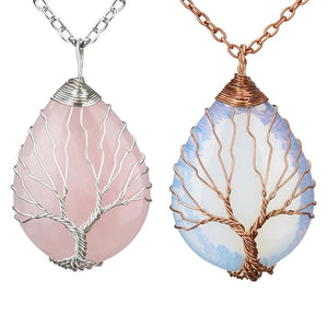 Pink Quartz Opal Necklace & Pendant Silver Tree of Life Water Drop Shape