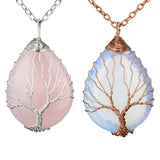 Pink Quartz Opal Necklace & Pendant Silver Tree of Life Water Drop Shape