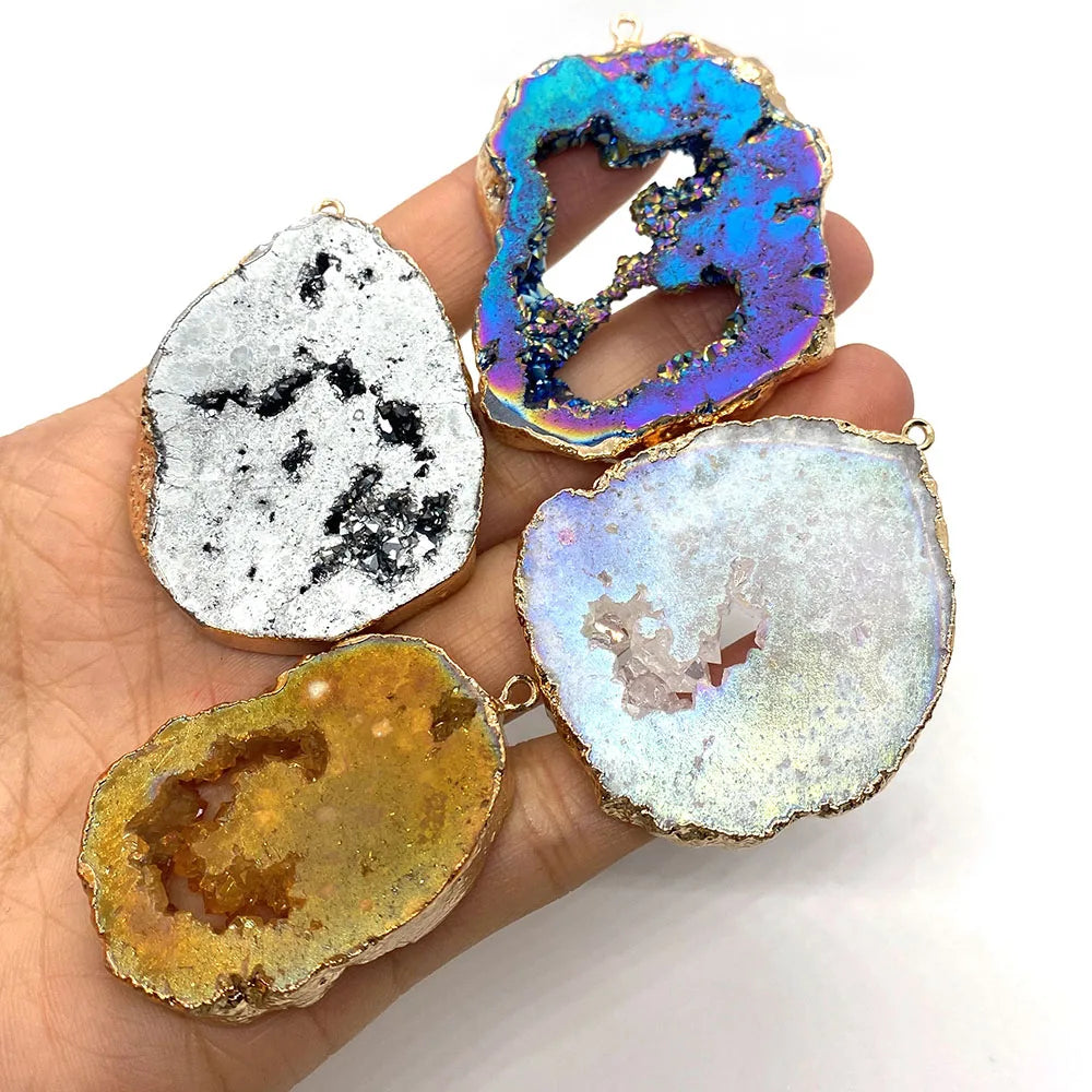 Agate Piece Pendant 30-55mm Natural Stone Plated Colored Crystal Charm DIY Neckl