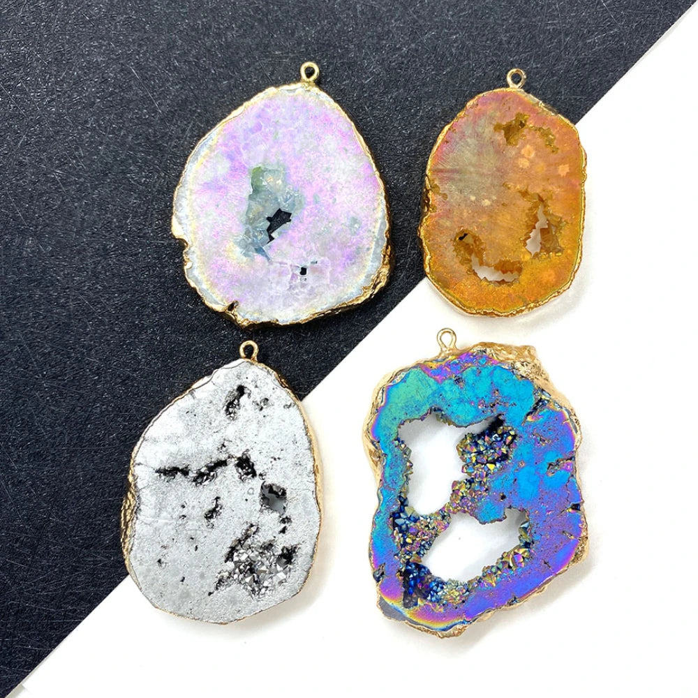 Agate Piece Pendant 30-55mm Natural Stone Plated Colored Crystal Charm DIY Neckl