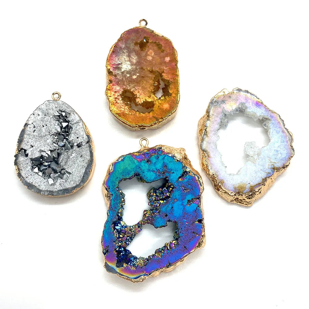 Agate Piece Pendant 30-55mm Natural Stone Plated Colored Crystal Charm DIY Neckl