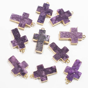 Purple Agate Druzy Cross Necklace Pendant Unisex DIY Jewelry Gift