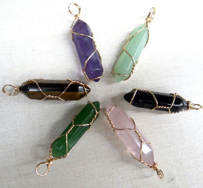 Tiger Eye Wire Winding Hexagonal Column Pendants Jewelry 24Pcs