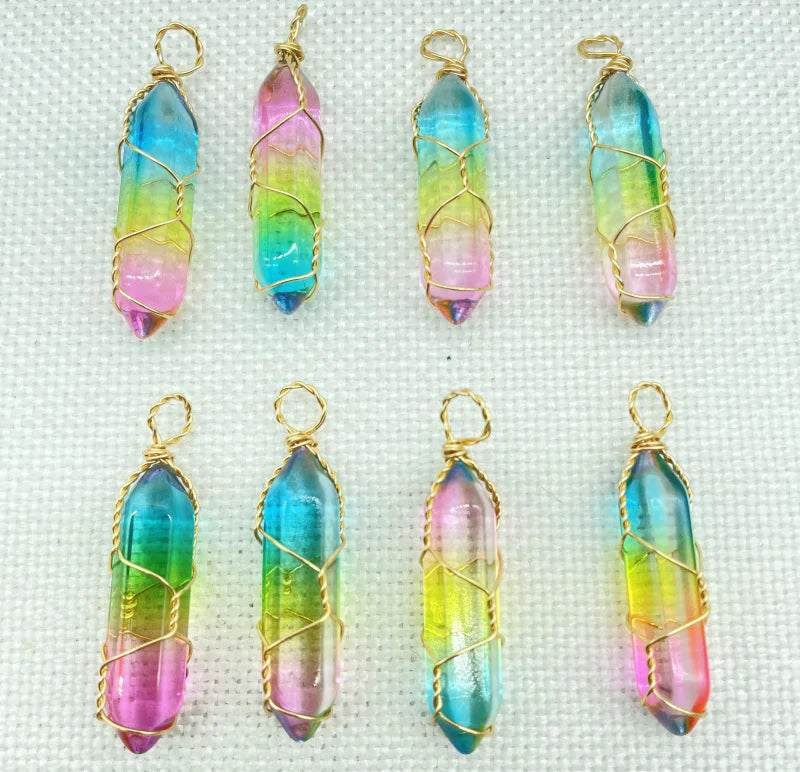 Tiger Eye Wire Winding Hexagonal Column Pendants Jewelry 24Pcs
